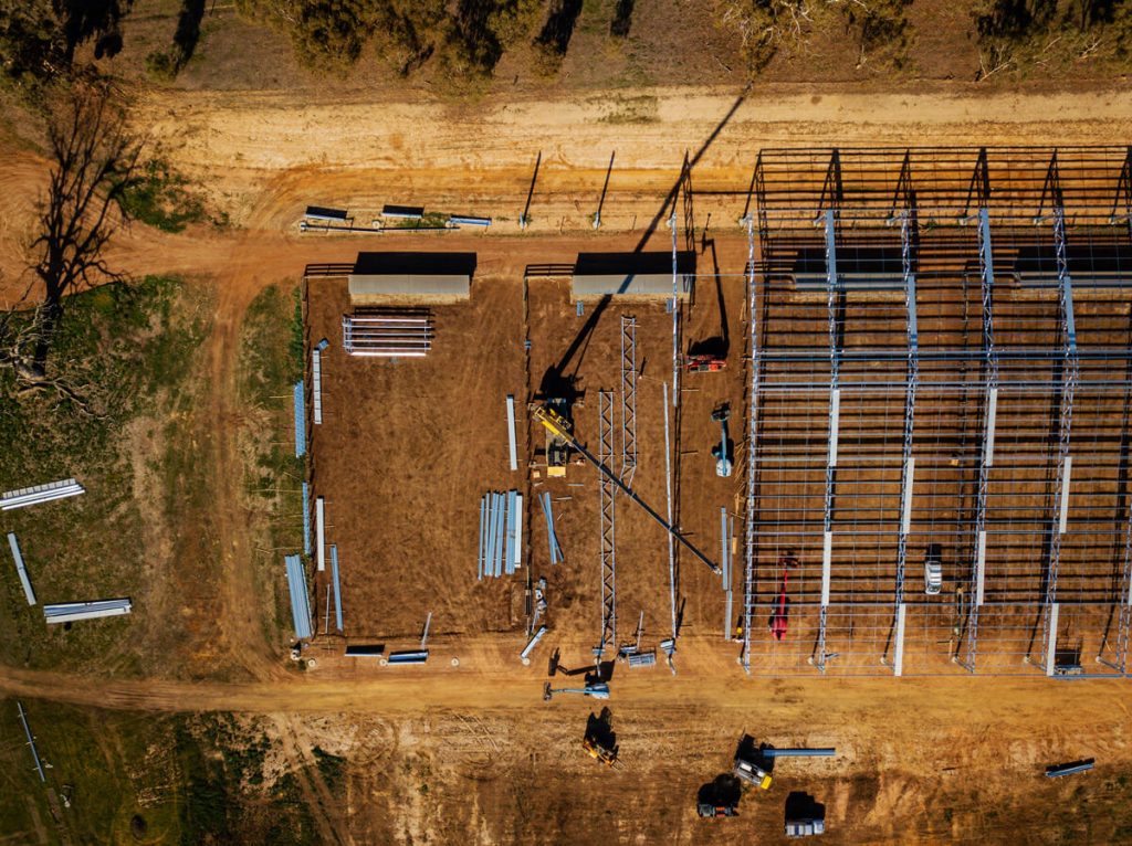 Airlie Feedlot aerial construction shot